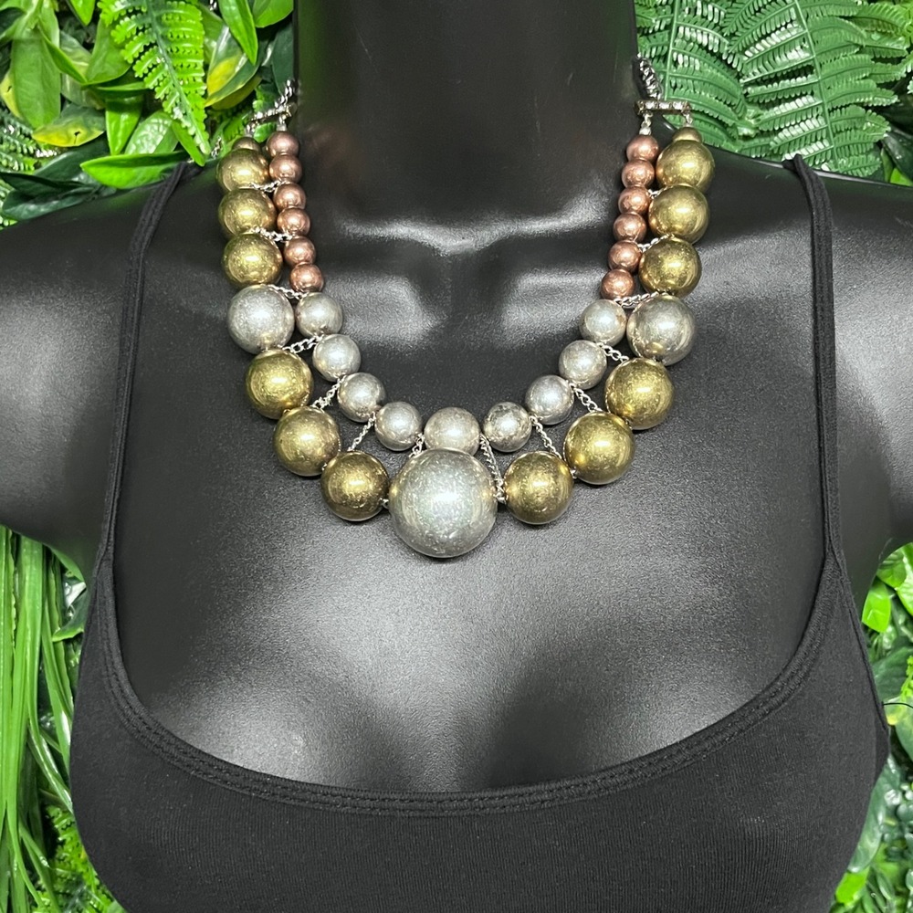 Mixed‎ Metal Multi-Strand Statement Necklace Gold Silver Rose Gold Tiered 3817